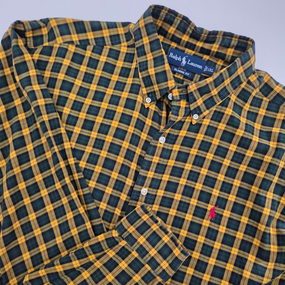 Ralph‎ Lauren Classic Fit Plaid Shirt Mens XXL Green Yellow Cotton Button Down